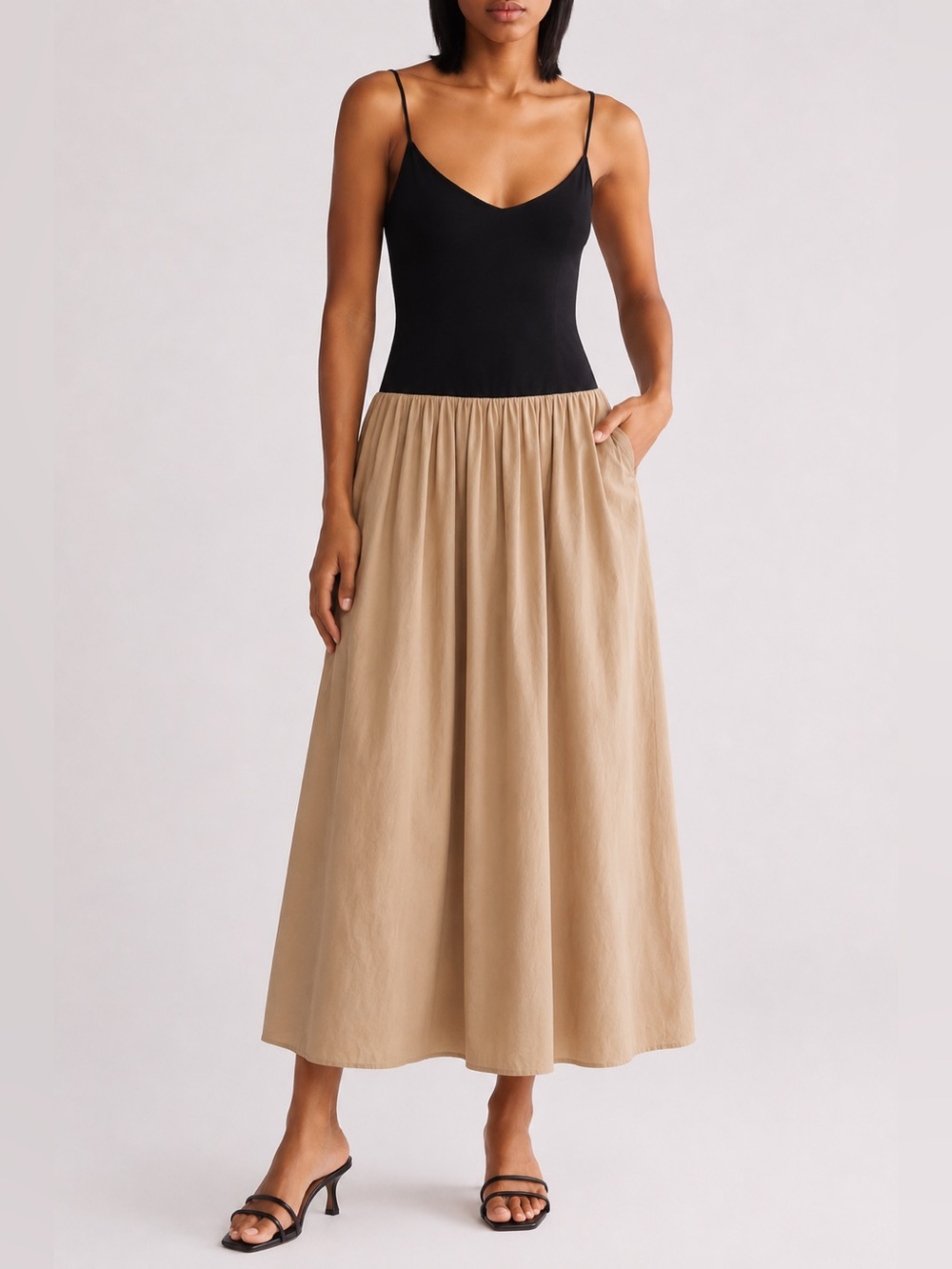 WAYF Black Tan Colorblock Drop Waist Maxi Dress 100% Cotton Size Small